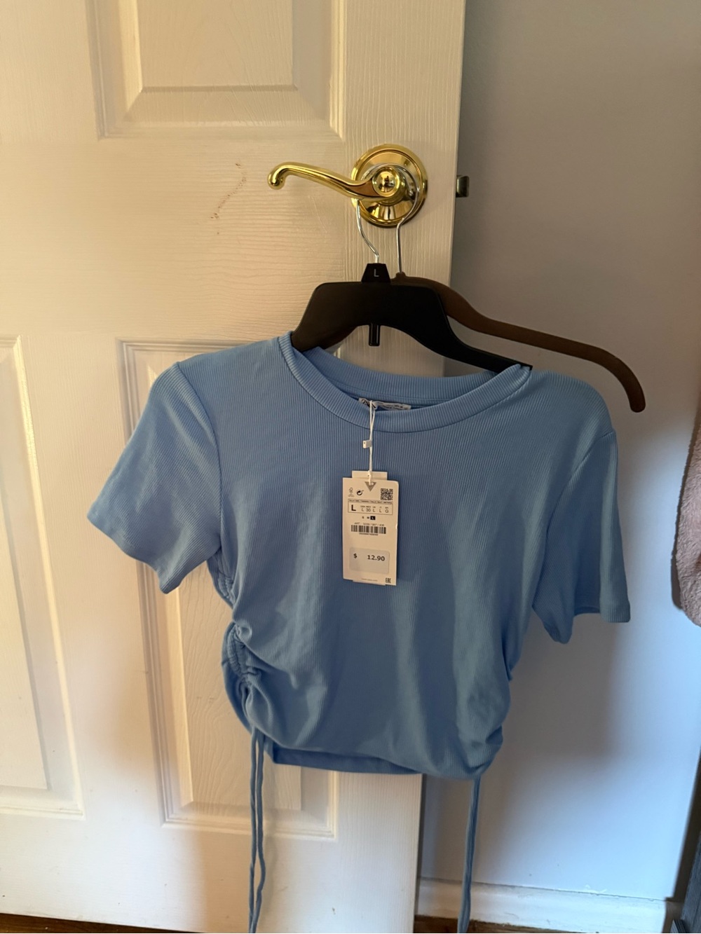 Zara Light Blue Cinch-Side Ribbed Crop Top